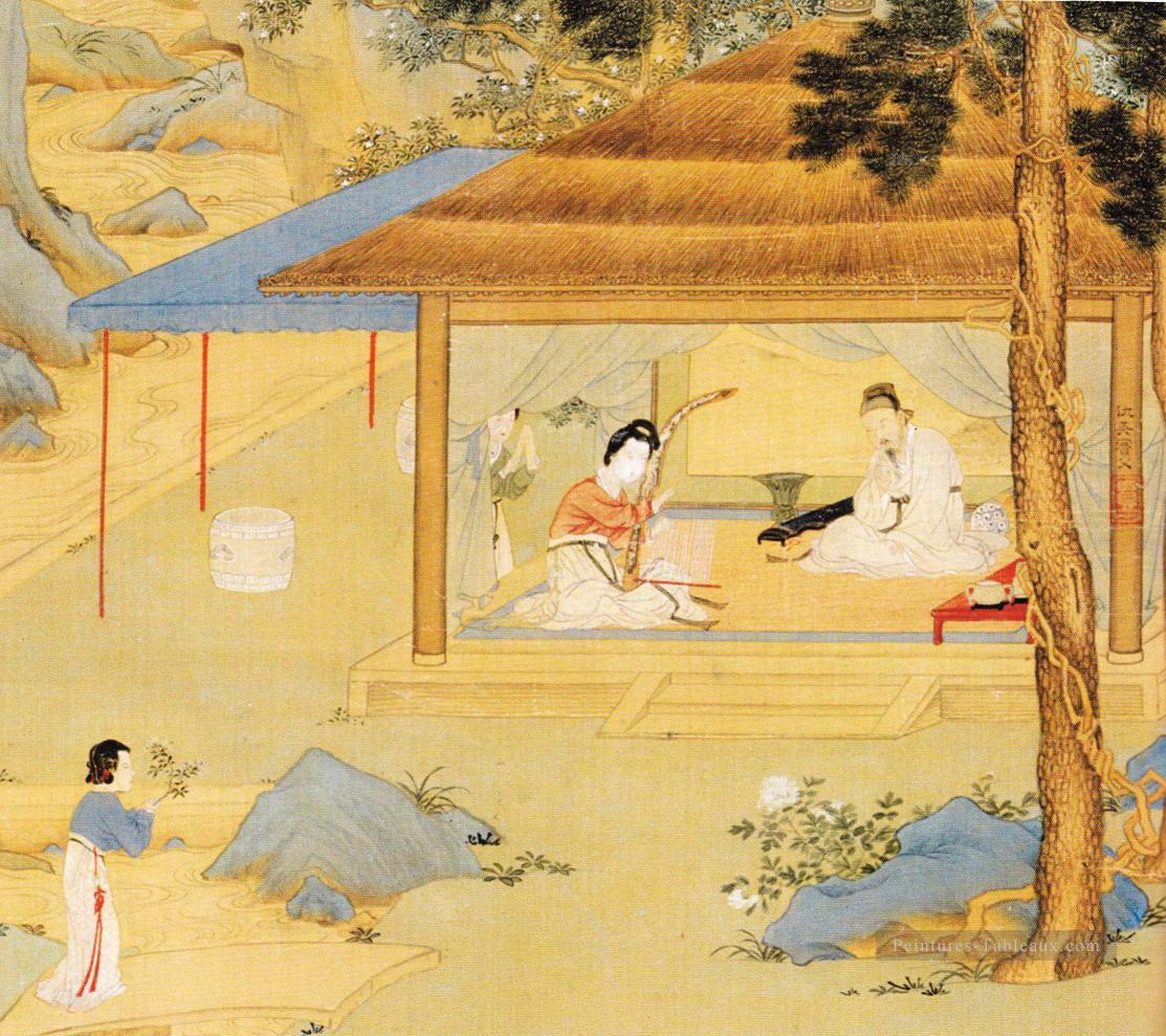 konghou joueur dans un pavillon ancienne Chine à l’encre Peintures à l'huile